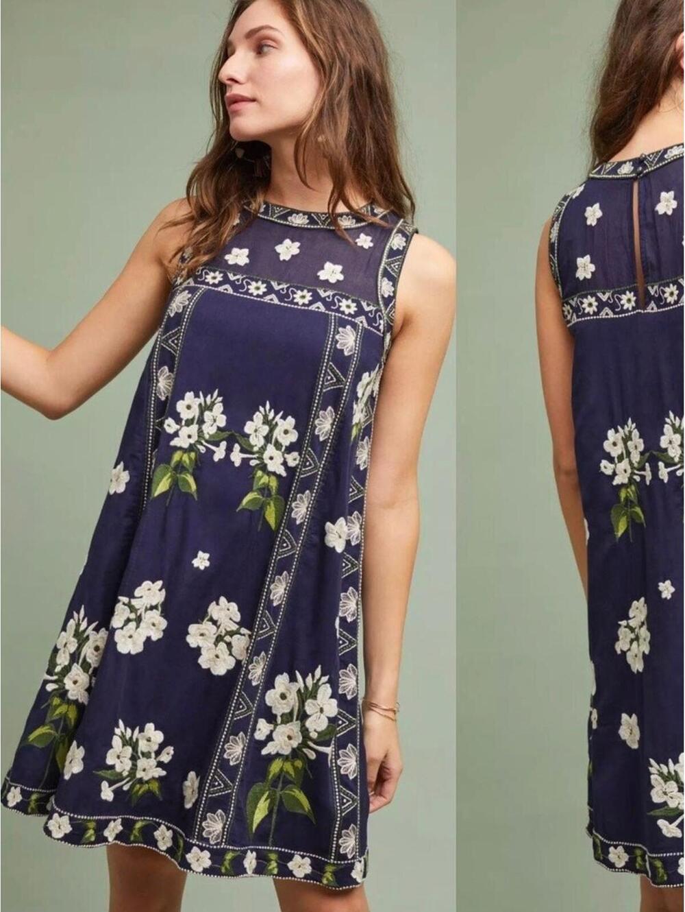 Anthropologie Maeve Embroidered Rosa Shift Navy Swing Floral Dress